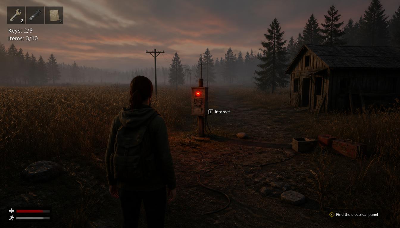 A moonlit forest and a forgotten house with one red window